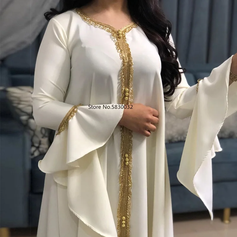 Muslim Women  Maxi Dress Jalabiya Dubai Abaya Long Sleeve  Golden Ribbon Islamic  Clothing Robe Kaftan Moroccan  Turkey Fashion