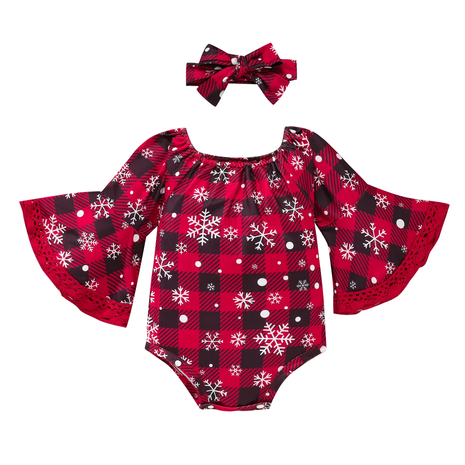 

2Pcs Baby Christmas Outfit Plaid Snowflake Long Flare Sleeves Romper + Hairband Xmas Clothes for Toddler Girls 0-18 Months