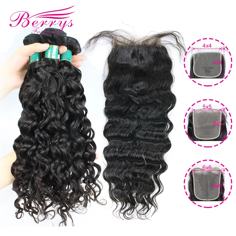 

Berrys Fashion Water Wave Bundles With 4x4 & 5x5 & 6x6 Closure 10-28 inch Brazilian Virgin Hair Unprocessed Raw Hair Weft