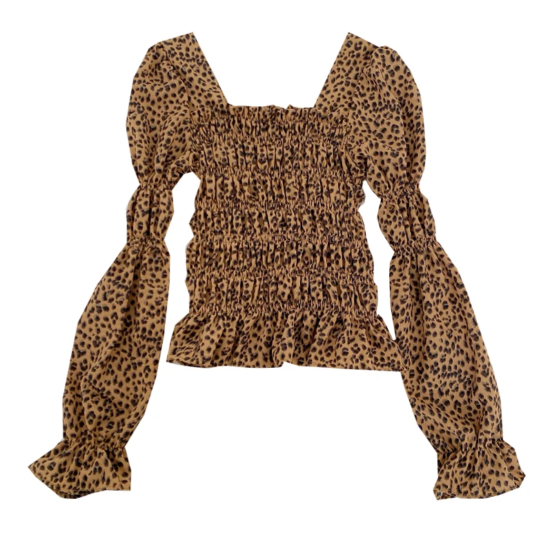 

In Early Spring of 2021, The New Fashion Joker Square Collar Leopard Print Fold Slim and Slim Bubble Sleeve Shirt Top Female