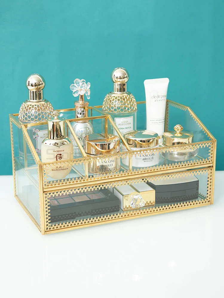 

Brass Glass Cosmetic Organizer Box Bathroom Storage Makeup Perfume Storage Nail Polish Lipstick Holder Drawer Display Shelf