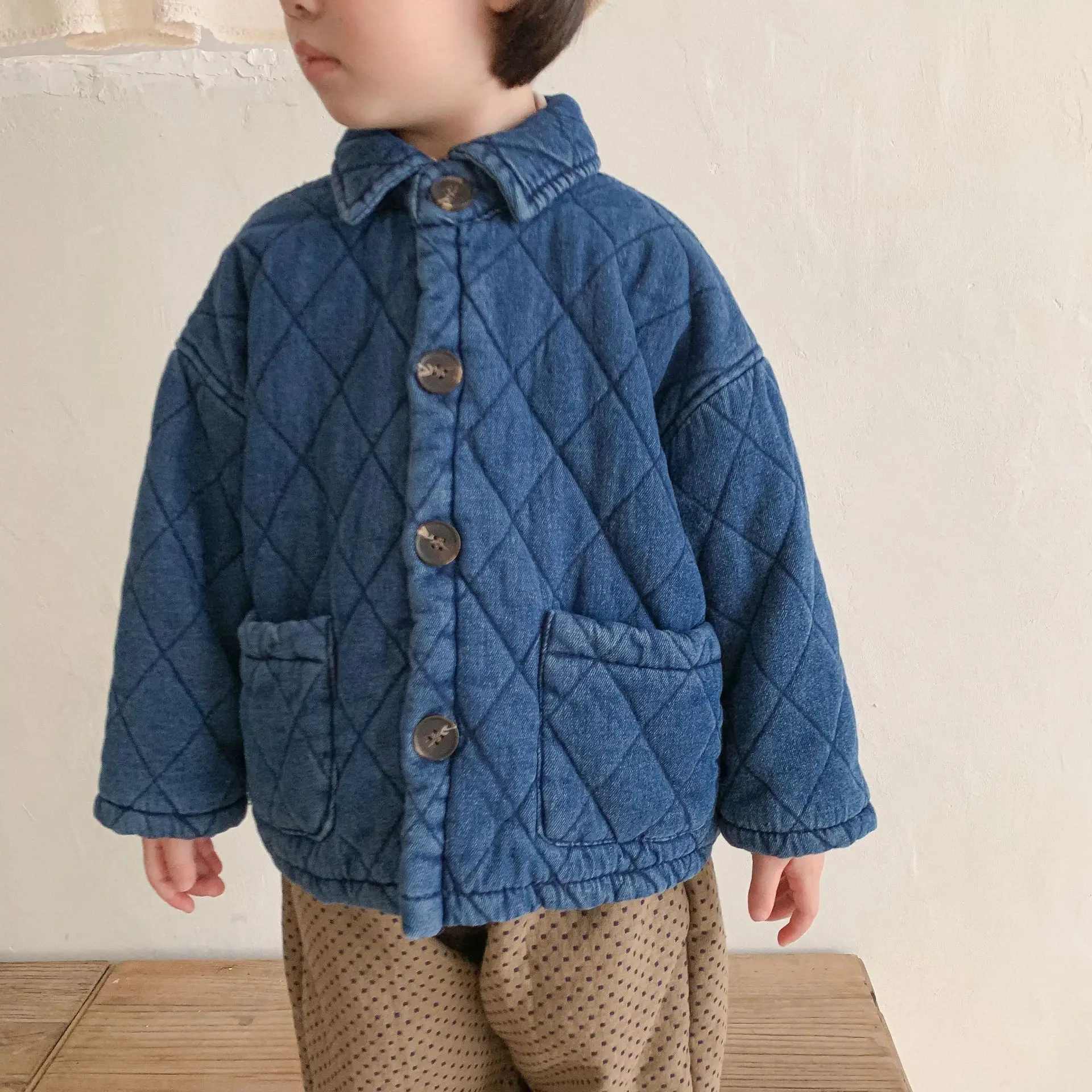 Зимние джинсовые стеганые куртки унисекс для мальчиков и девочек | Детская