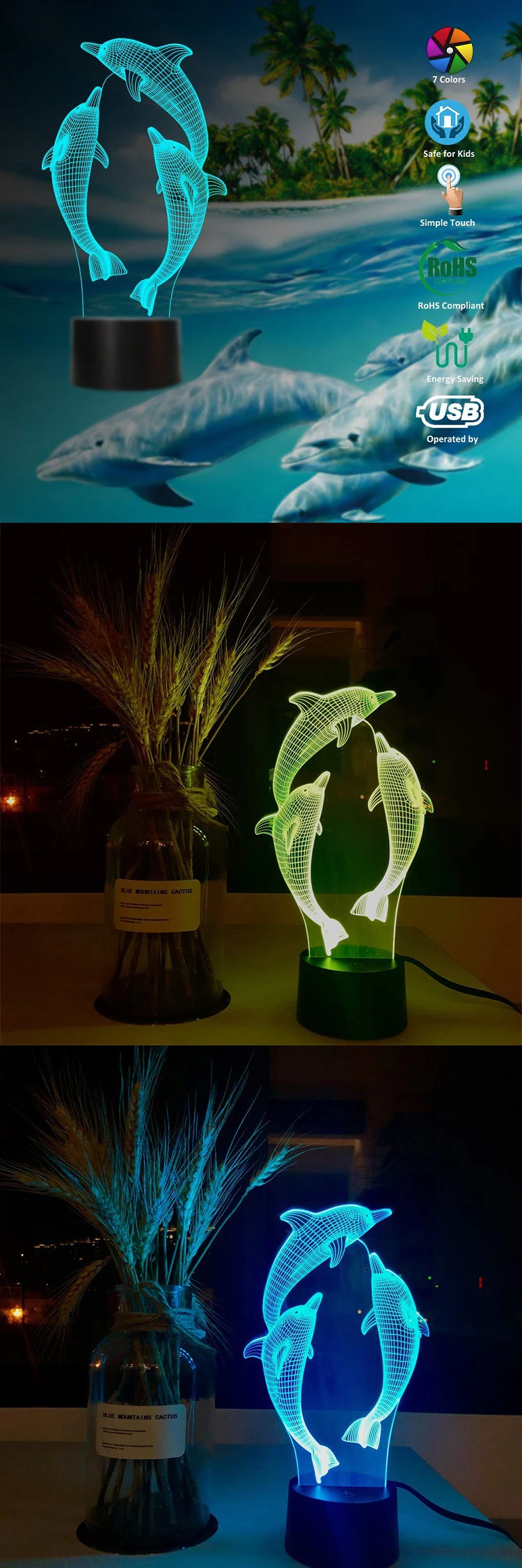Фигурка 3D RGB лампы в форме дельфинов Подарочный ночник светодиодный 7 цветов ночник