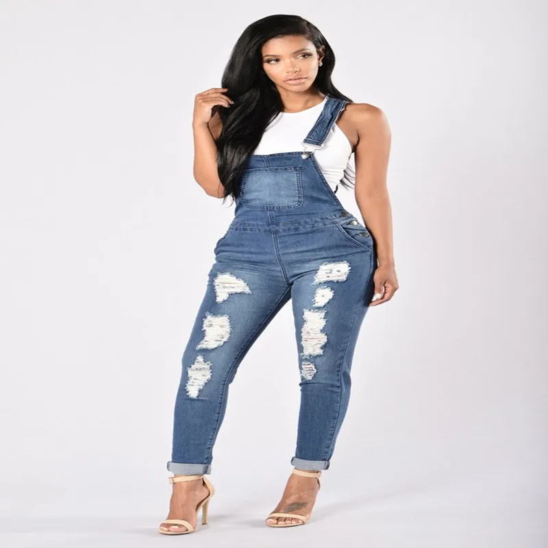 

2021 Women Denim Overalls Jeans Jumpsuits and Rompers Ladies Ripped Hole Casual Long Playsuit Pockets Jumpsuit Dropshipping