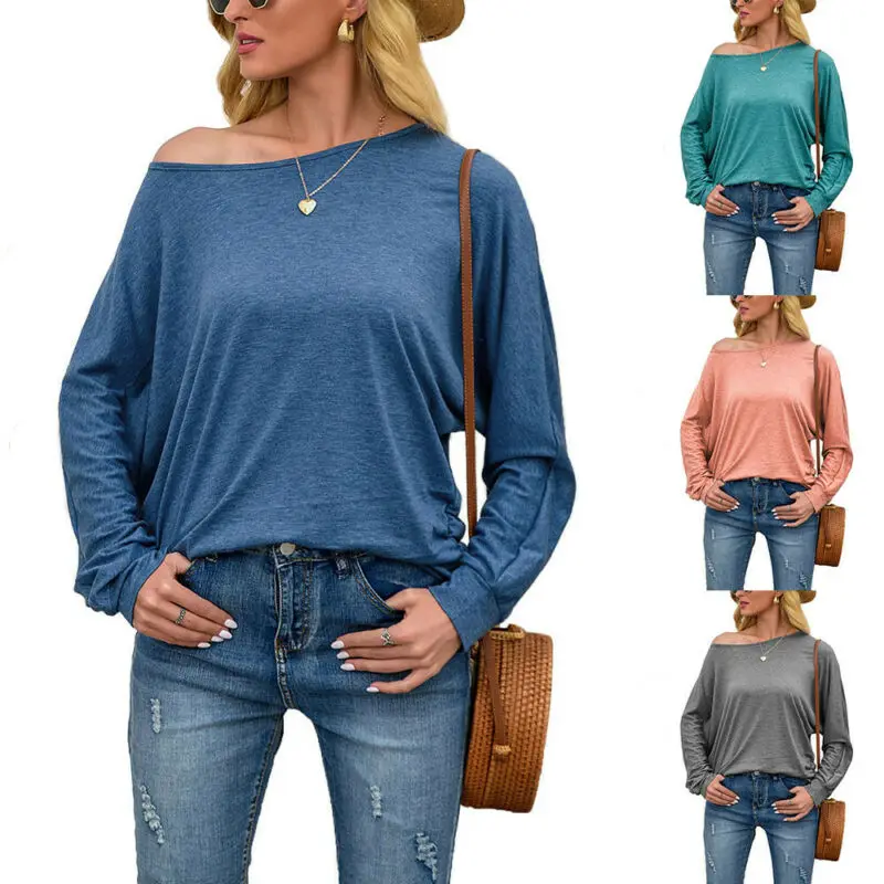 

Однотонная футболка с круглым вырезом, свободная футболка, Повседневная модная однотонная женская футболка с длинным рукавом, лето 2021, женс...