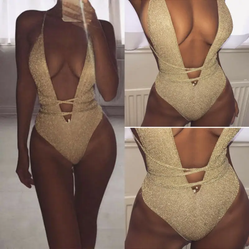 Женское сексуальное золотистое бикини с глубоким V образным вырезом и шнуровкой