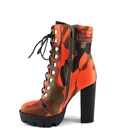 Женские ботильоны на платформе и высоком массивном каблуке, оранжевые ботинки с круглым носком, на шнуровке, с камуфляжным принтом, для ночного клуба, для зимы, 2022