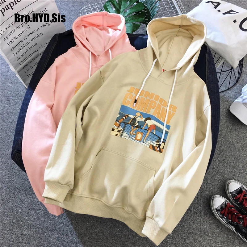 

Simple Cartoon Sweatshirts Women Cotton Long Sleeve Hoodie Hooded Sweatshirts Loose Fit Woman Tops Teen Pullovers Black
