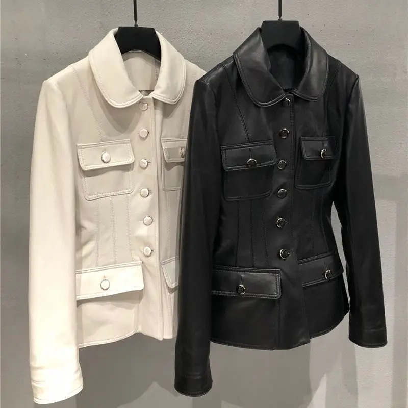 Fashion Brand Autumn Real Leather Coat Women Casual Slim Fashion Streetwear Sheep Leather Jacket Black White Female Clothes