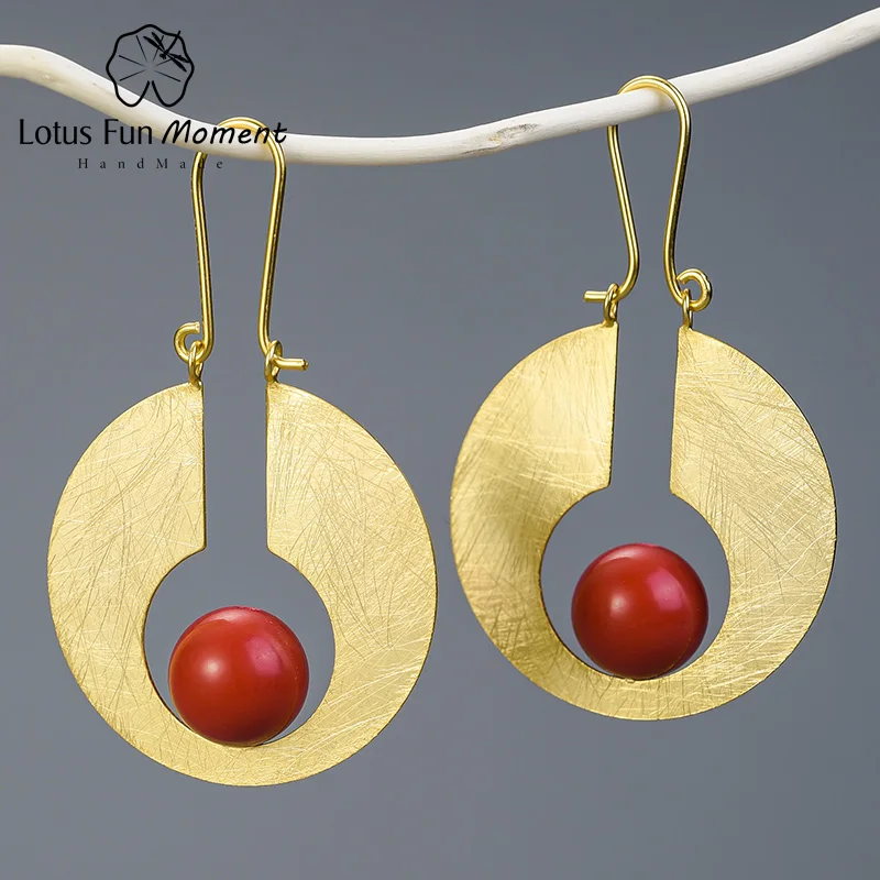 Gold red Lotus весело момент Настоящее серебро 925 проба Натуральный ручной работы дизайнер ювелирных украшений яркий круглый серьги-висюльки с Луной для Для женщин - Окраска металла: Gold red
