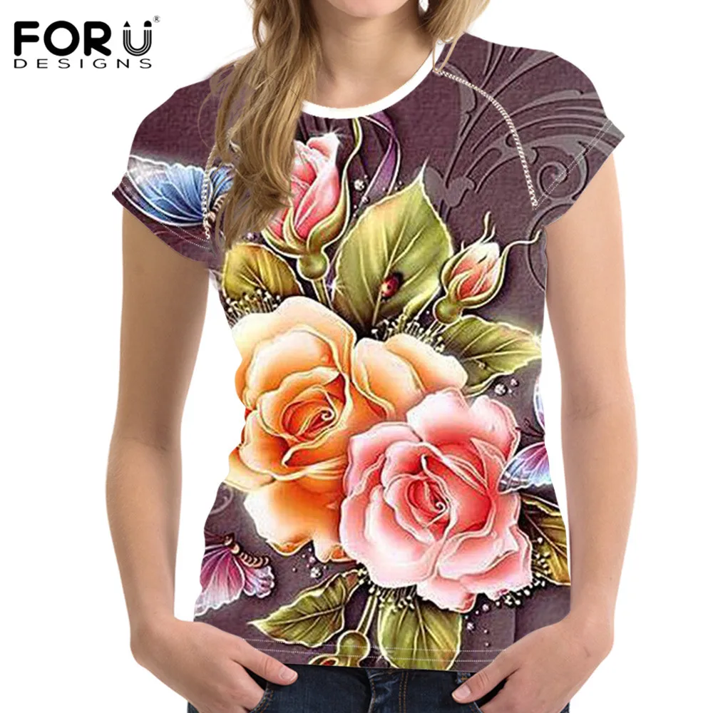 

Женские модные рубашки FORUDESIGNS, топы, винтажная дышащая одежда с цветочным рисунком розы, женская футболка с круглым вырезом и коротким рукав...