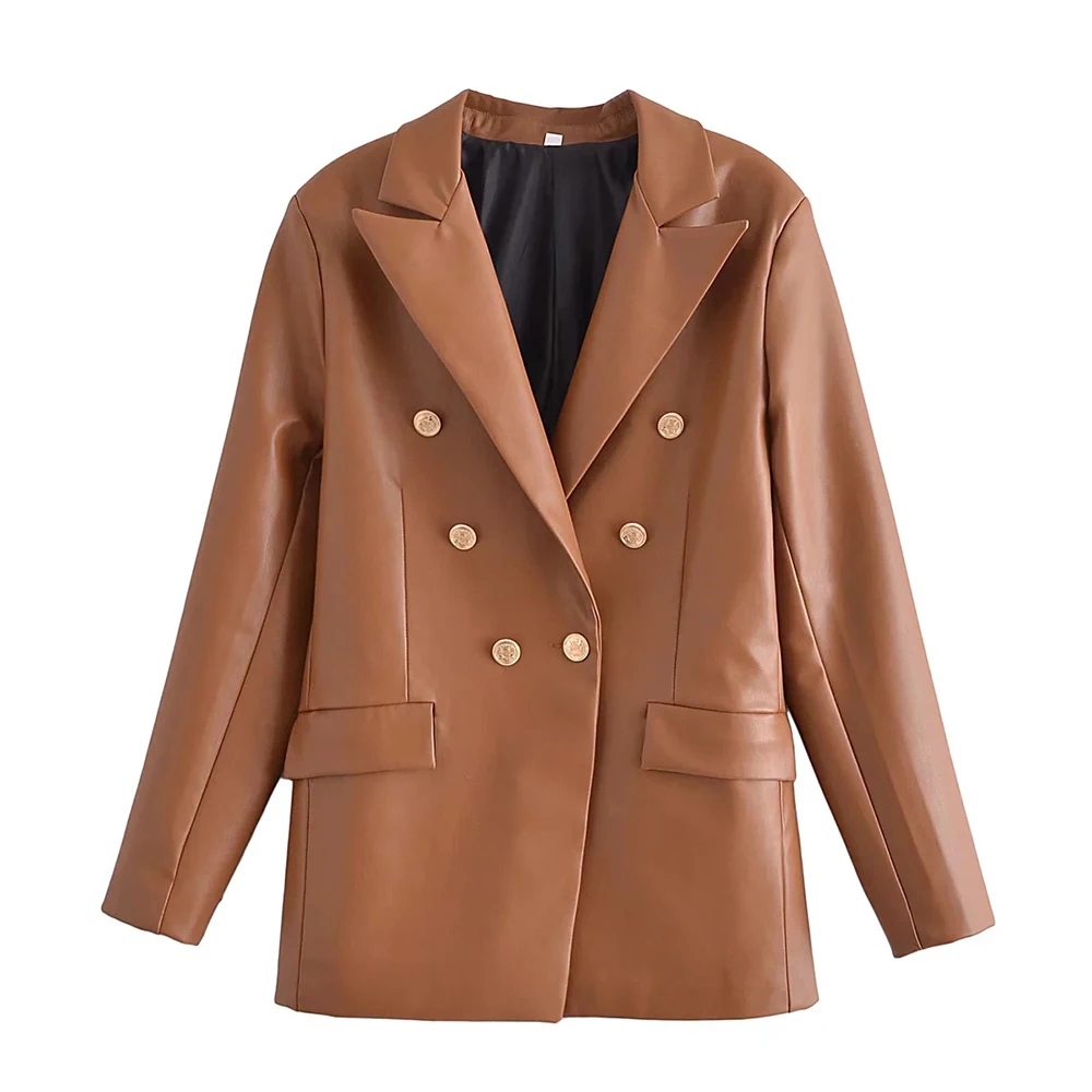 

DYLQFS 2021 Women Elegant Notched PU Brown Streetwear Suit Female Fashion Vintage Office Lady Double Breasted Blazer Casual Top