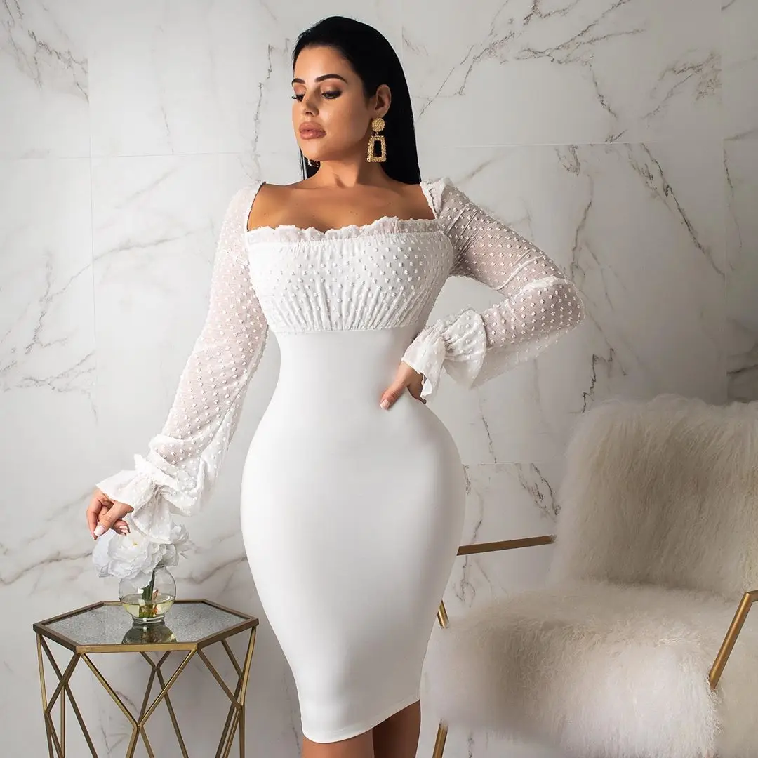 

Hot sale Women Long-Sleeved Chiffon Dress Sexy Mesh See Through Slim Bamboo Dress Fashion hollow out Lace Up Dress Vestidos S-XL