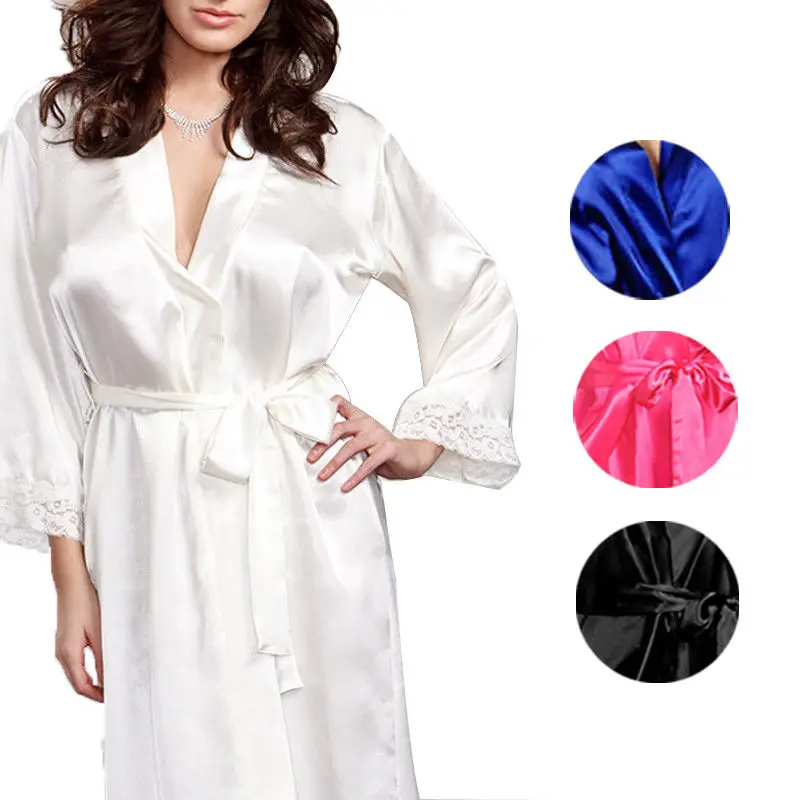 

Lace Side Imitation Silk Robes Women Sexy Nightgown Solid Long Sleepshirt Spring Autumn Mid-Calf Nightdress One Size