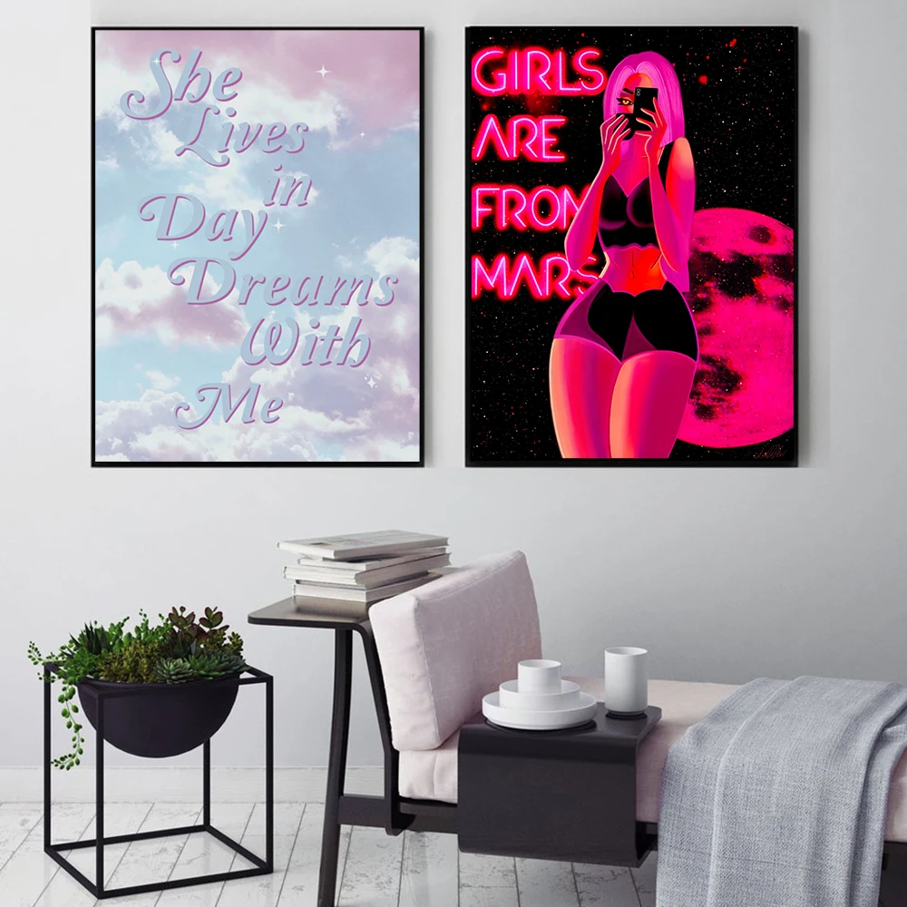 Живопись на холсте "Wall Art Pictures Feminist Fashion Neon Effect Mars Poster Girl Power" - Подарок для девочек, современный декор для спальни дома.
