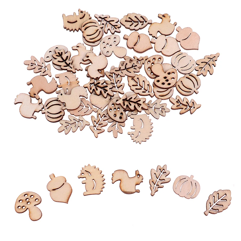 

50PCS/set Mixed Wooden Craft Squirrel Leaves Mushroom Shape Scrapbooking Hedgehog Decoration Embellishments