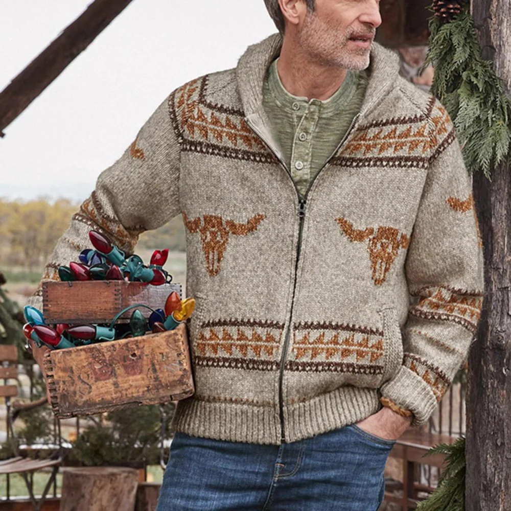 

2021 New Men Fashion Printing Sweater Long Sleeve Lapel Zipper Autumn Winter Warm Western Style Casual Loose Knit Cardigan