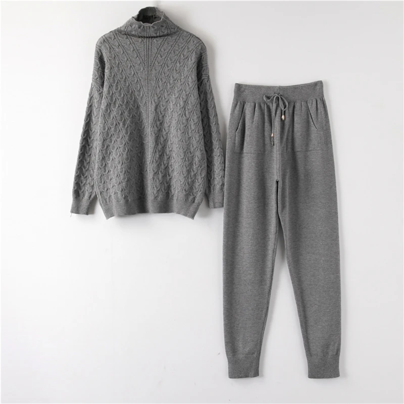H01-Grey Водолазка, пуловер, свитера, трикотажные штаны, костюм из двух частей, комплекты для женщин на осень и зиму, теплый вязаный спортивный костюм, женский спортивный костюм - Цвет: H01-Grey