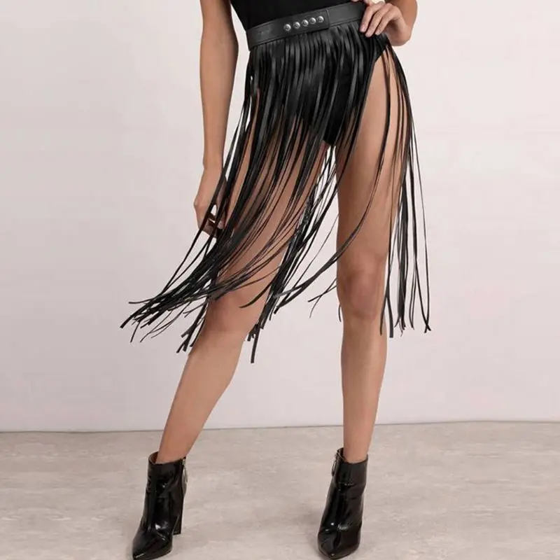 

Womens High Waist Faux Leather Fringe Tassels Skirt Body Harness with Snap Buttons Halloween Party Punk Rock Clubwear