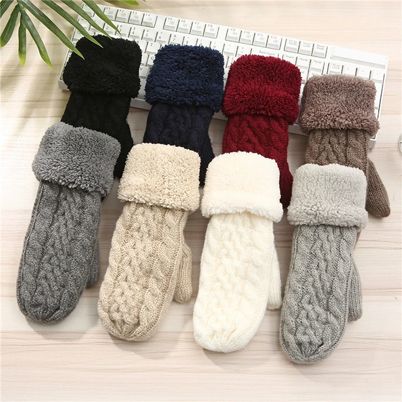 

Women Gloves Fashion Knit Twist Flowers Mittens Gloves Winter Female Wool Plus Cashmere Velvet Thickening Warm Full Finger Warm