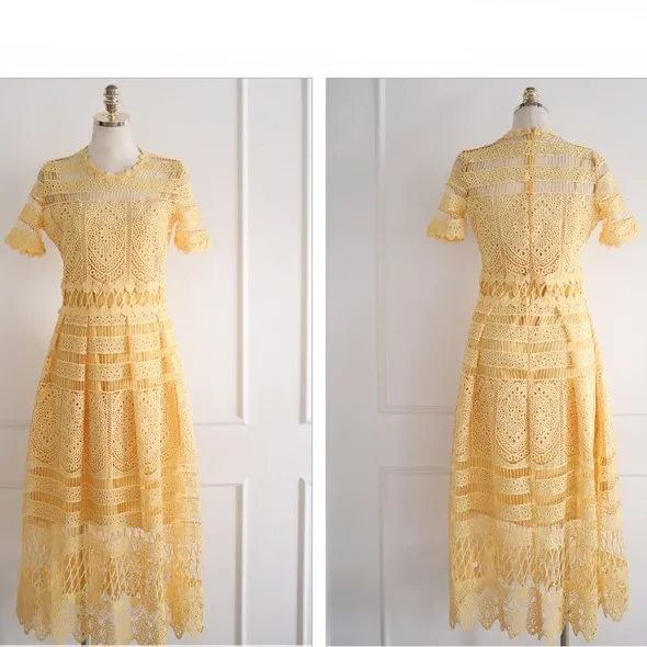 

Women Elegant Yellow Lace Dress Summer Style Short Sleeve Hollow Out Sexy Women Clothes Casual Female Party Midi Vintage Dress