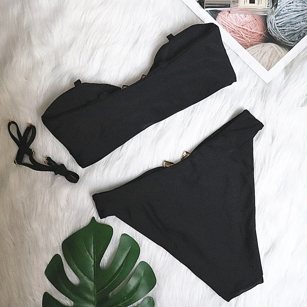 

Sexy Solid Black Bikini 2021 Women Off Shoulder High Cut Push Up Padded Rhinestone Swimwear Brazilian Bathing Suit Swimsuit
