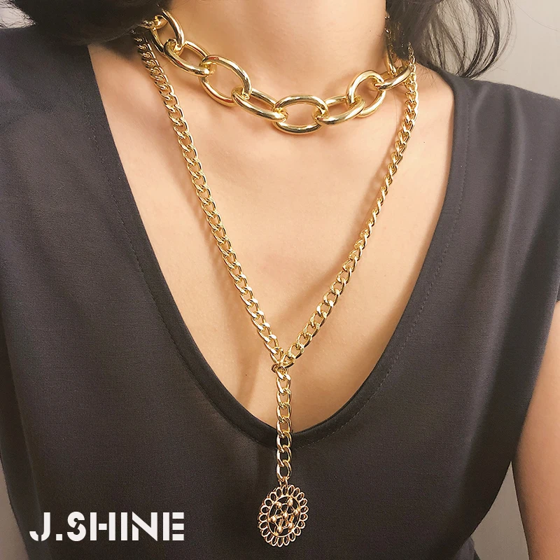 JShine двухтонное ожерелье-чокер в стиле панк, толстая цепочка, круглая полая Цветочная Длинная цепочка с подвеской ожерелье женщин аксессуары