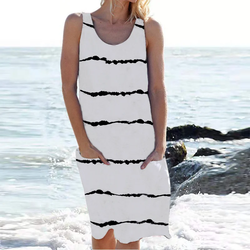 

Summer New Casual Pocket Stripe Printed Dress For Women S-5XL Big Size Elegant O Neck Sleeveless Loose Beach Dress Vestidos Lady