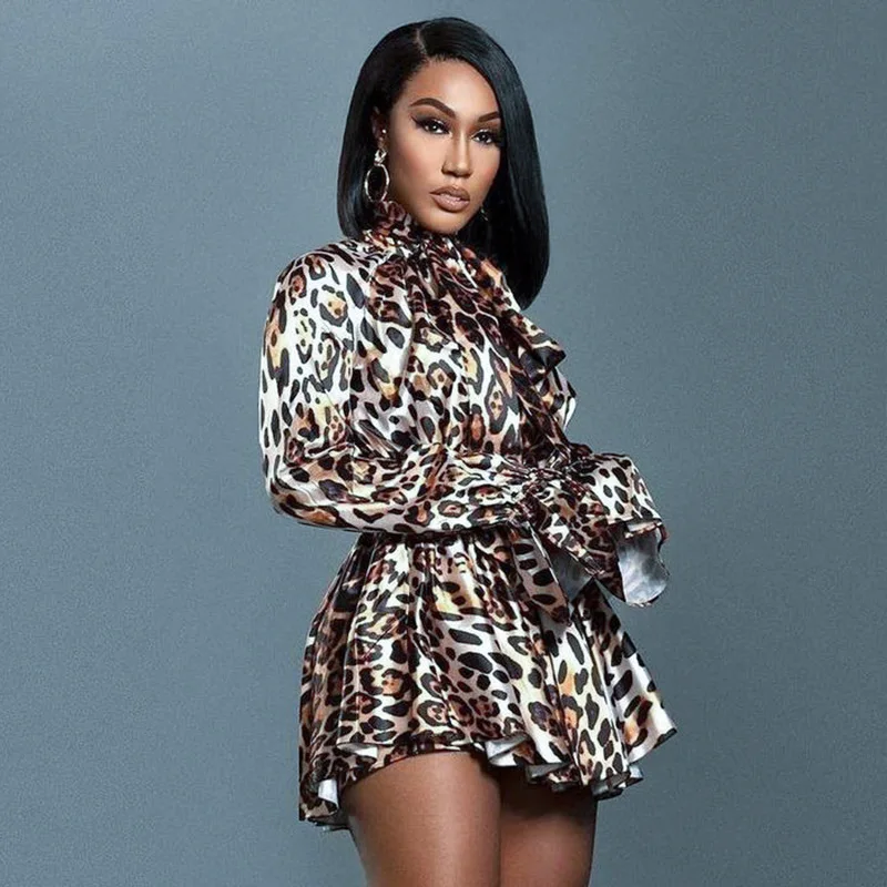 

Leopard Printed Long Sleeve Dresses for Women Spring 2022 Sexy Fashion Cheetah Short Satin Robes Club Dress