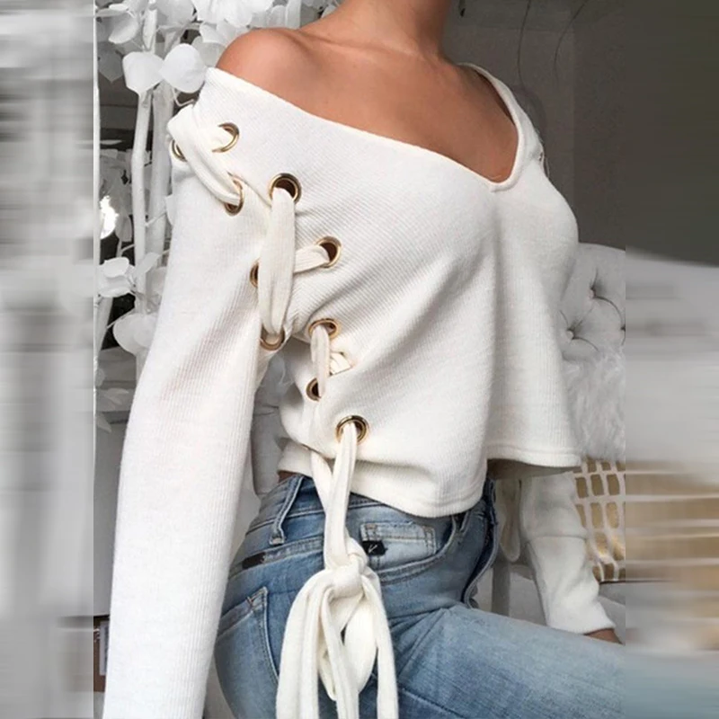 

Женская Однотонная футболка с V-образным вырезом и длинным рукавом