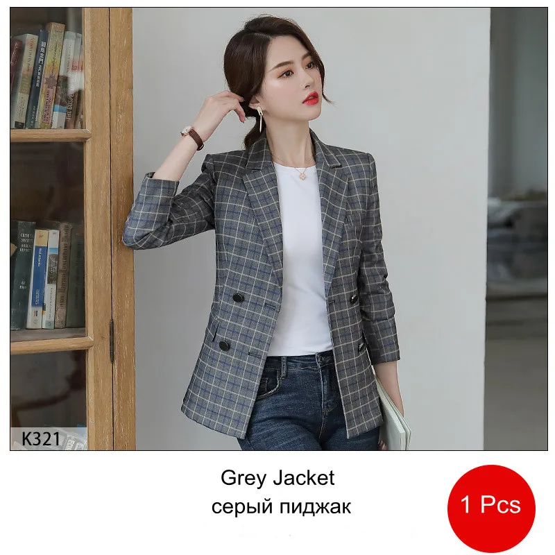 Серый Клетчатая куртка женские блейзеры женский костюм куртка осенний офисный женский Винтажный Длинный рукав блейзеры для женщин официальные 80321 - Цвет: Серый