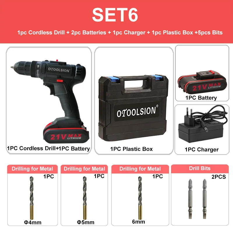 SET6 (2 pc battery) 21 в 1.3ач маленькая дрель Беспроводная Дрель аккумуляторные инструменты 12 В Электрическая дрель шуруповерт батарея ручная дрель с ящиком для инструментов двойная скорость - Цвет: SET6 (2 pc battery)