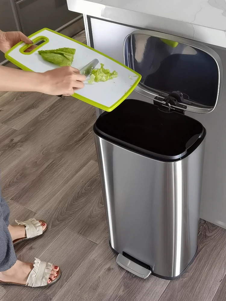 

30L/50L Trash Can,Stainless Steel Dustbin with Pedal,Trash Bin with Flat Lid for Bedroom,Bathroom, Kitchen, Garden Waste Bin