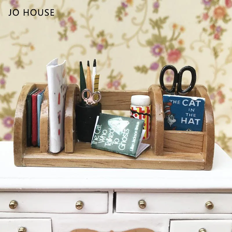 

JO HOUSE Mini Office Model Scene Accessories Stationery Wooden Stand 1:12 Dollhouse Minatures Model Dollhouse Accessories