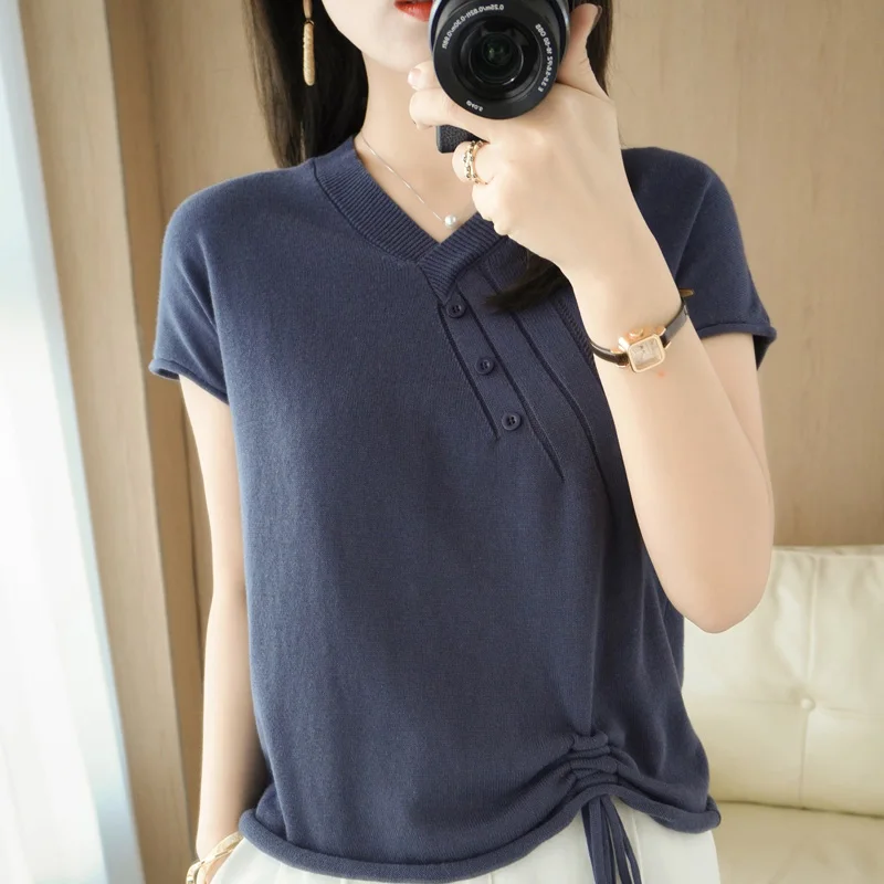 

Spring and Summer New Short-Sleeved Women's V-Neck Pullover Vest Slim Anyway Knit Bottoming T-Shirt Short Sleeve Large Size