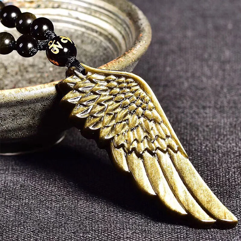 

necklaces Gold Obsidian Angle Wings Feather Charms Pendants Necklace Natural Crystal Stone Women Men Fashion Handmade Jewelry