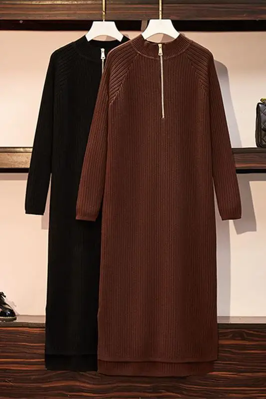

ICHOIX 2020 Autumn Winter Korean Version Women's Plus Size Dress Loose Solid Long Knitted Dress L-4XL Size
