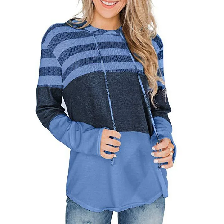 ELSVIOS 2XL Kawaii толстовка осень зима полосатый принт лоскутный пуловер Женская с длинным рукавом теплая Толстовка Топы толстовка - Цвет: Light Blue