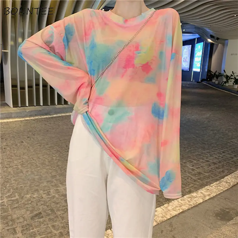 

Женские футболки с принтом тай-дай, свободные, в Корейском стиле, универсальные, для студентов, женские, шикарные, Harajuku, с круглым вырезом, ...