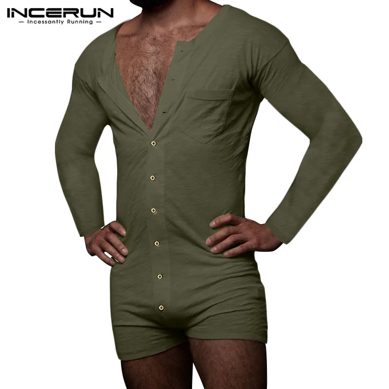 Men Pajamas Rompers Long Sleeve Comfortable Homewear Leisure Mens Jumpsuit Sleepwear Solid Color Button Nightwear S-5XL INCERUN