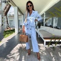 taovk women office pant suit double breasted full sleeve blazers jacketwide leg pant two pieces set lady outfits work clothes