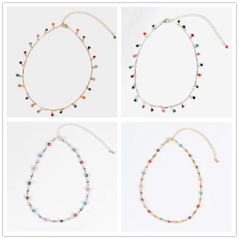 

Gothic Single Layer Color Crystal Bead Pendant Clavicle Chain Necklace Women Boho Gold Evil Eye Choker Necklace Fashion Jewelry