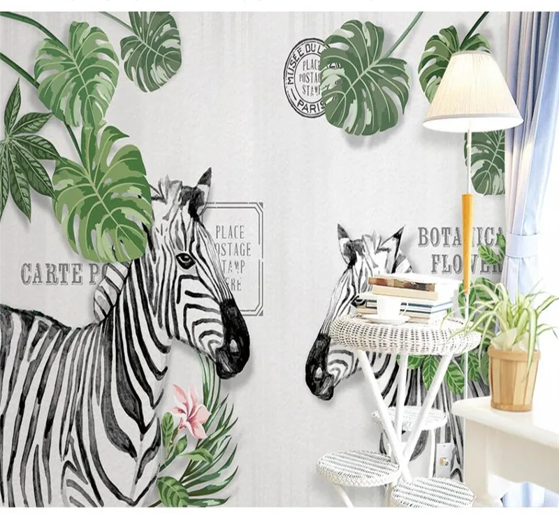 Настенные обои на заказ в скандинавском стиле ручная роспись Зебра Дерево