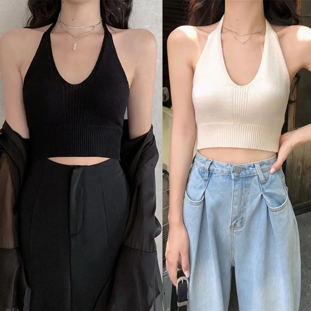 

Hot Sales Sexy Women Solid Color Ribbed Sleeveless Backless Halter Crop Top Summer Vest