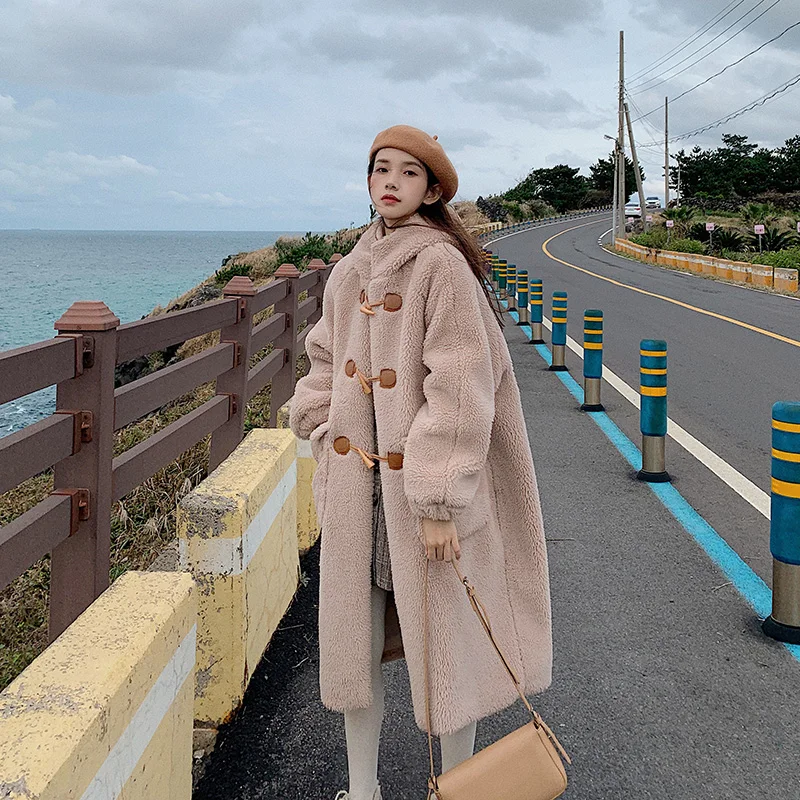 

Женское зимнее теплое плотное пальто из хлопка 2023 корейское свободное шерстяное пальто с длинным рукавом и капюшоном длинное пальто из ягненка зимние женские парки