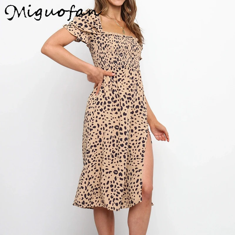 

Miguofan Leopard Print Casual Satin Dresses Women Sexy Ladies Party Summer Cottagecore Split Midi Dress Vestidos Female 2021