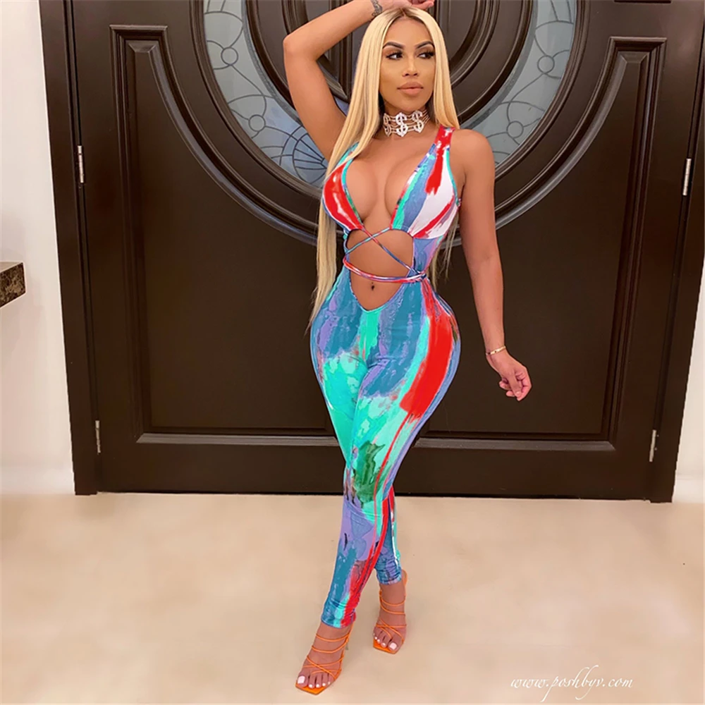 

Hn029 European and American women's wear eBay hot selling sexy ice cool bandage feature printed Jumpsuit available in stock