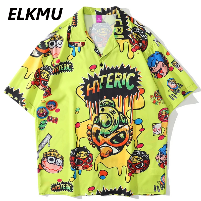 

ELKMU Yellow Shirt Men Hawaiian Beach Shirts Hip Hop Streetwear Graffiti Shirt Summer Oversize Short Sleeve Tops Male HE936