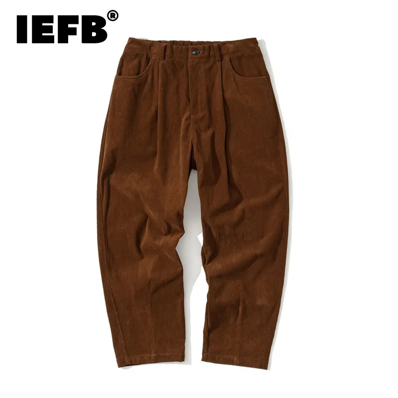 

IEFB Men's Loose Corduroy Long Pants Mis Elastic Waist Thickned Autumn Winter Trousers Vintage Tide Japan Style Pants 9D1585