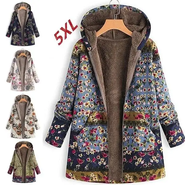 

Winter Warm Coat Women Leaves Floral Print Long Sleeve Hooded Coat Parkas Casual Pockets Fluffy Fur Fleece Zipper Coat Outwear
